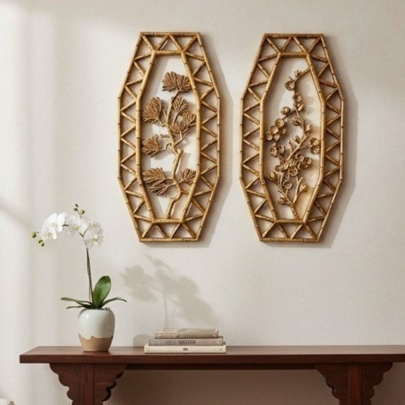 Dart Inc Other - Vintage Faux Bamboo Wall Art Plaque Set Chinoiserie Floral Botanical MCM Decor